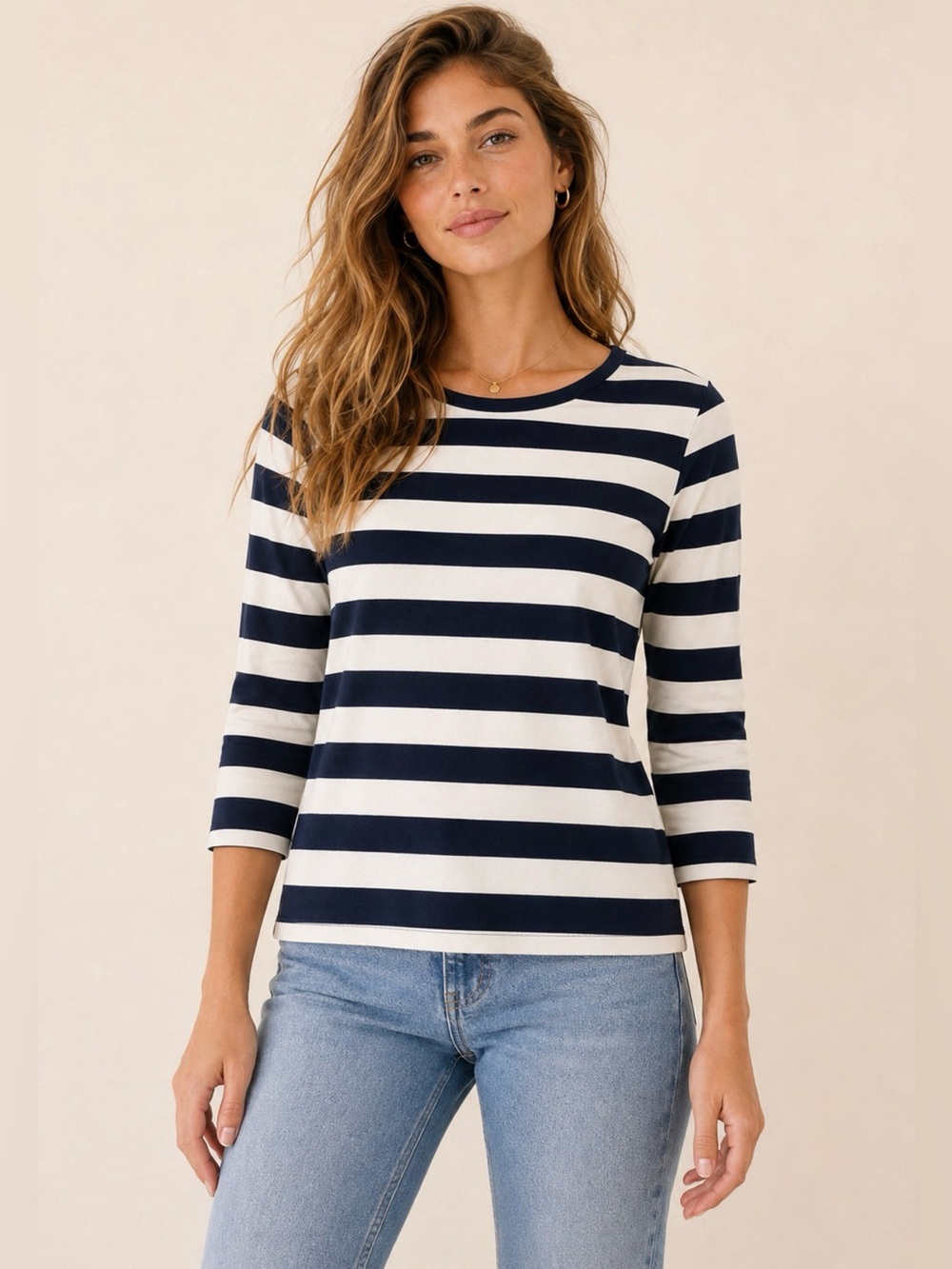 Esprit Navy and White Striped Knit Top Boatneck 3/4 Sleeve Cotton Sweater Medium